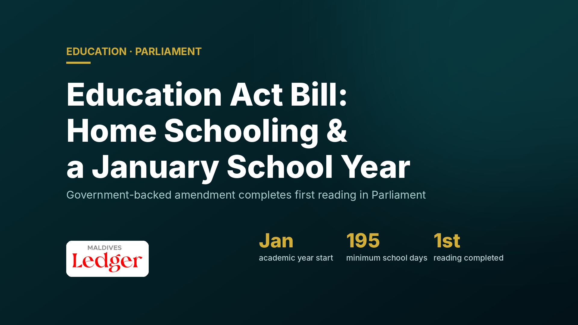 Dark teal graphic reading 'Education Act Bill: Home Schooling & a January School Year' with figures for a January start, 195 minimum school days and first reading completed, and the Maldives Ledger logo